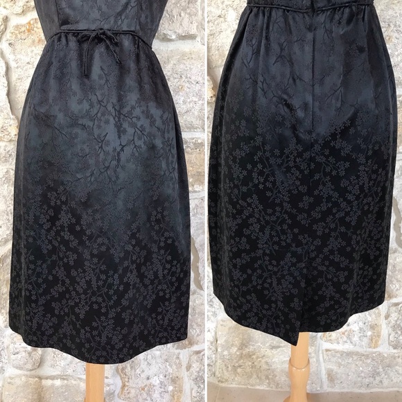 Vintage 50s Black Floral Brocade Dress Set with Kitten Bow Waist Audrey Hepburn - Picture 14 of 16